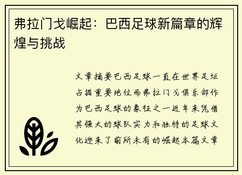 弗拉门戈崛起：巴西足球新篇章的辉煌与挑战